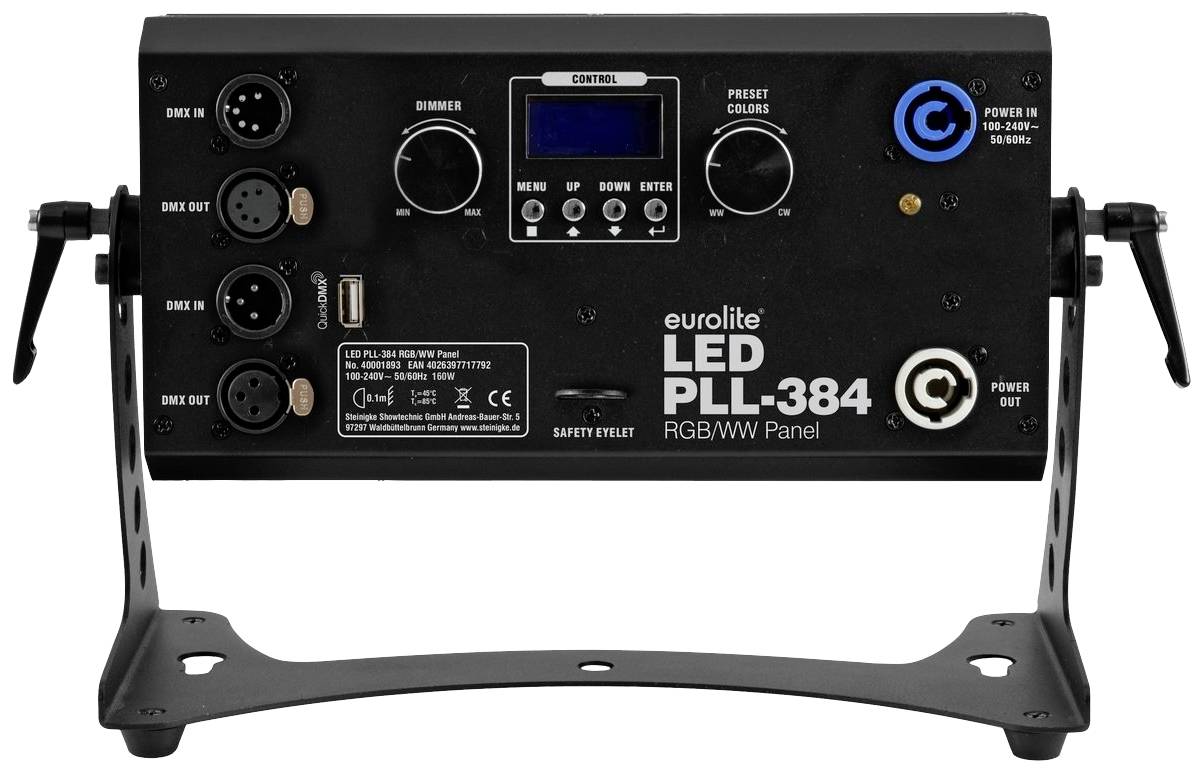LED svetelný ovládač s pripojovacie zásuvkami, displejom, tlačidlami pre stmievanie a výber farby. Viditeľný je firemný názov 'Eurolite' a model 'PLL-384'.