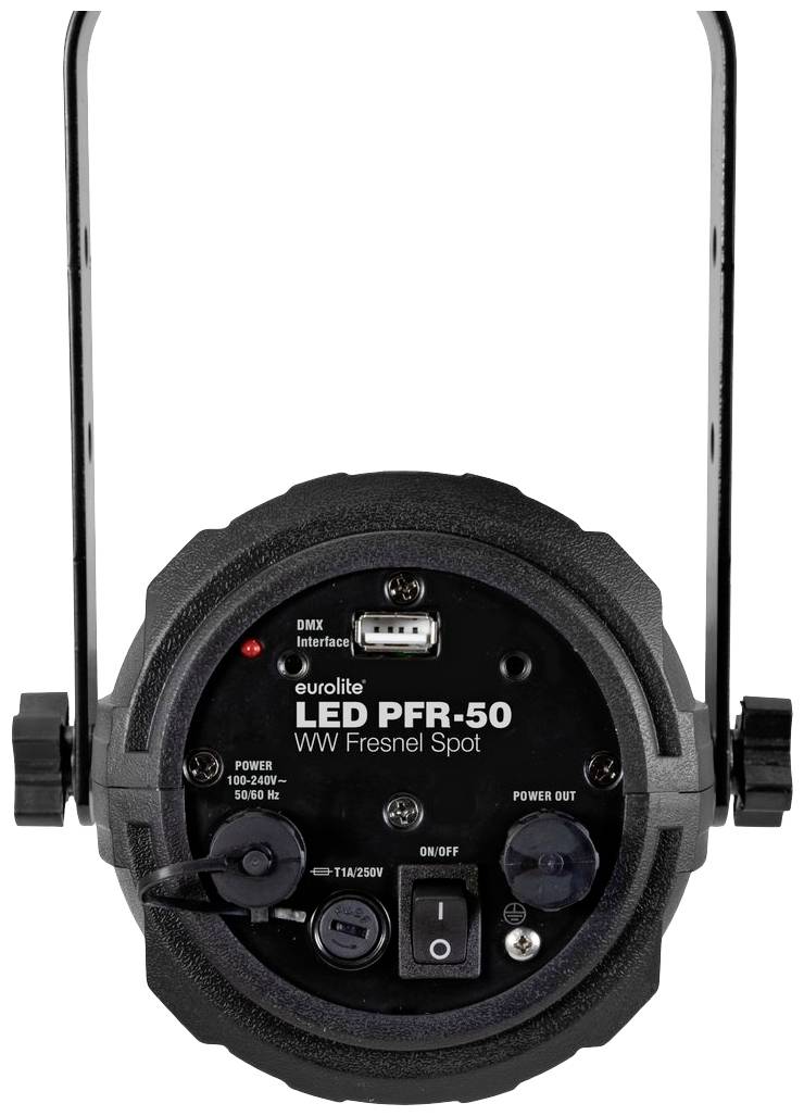 Čierne LED Fresnel bodové svetlo od Eurolite s ovládacím panelom a prípojkami pre napájanie a DMX rozhranie, model 'LED PFR-50'.