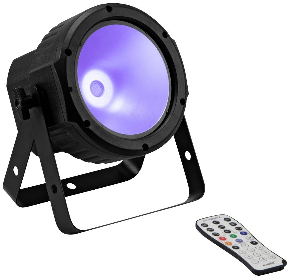 Čierny LED reflektor s modrým svetelným odtieňom, vedľa ktorého leží diaľkový ovládač s farebnými tlačidlami.