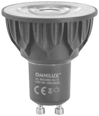 LED žiarovka GU10 značky Omnilux, 230 V a 5 W, s variabilnou farebnou teplotou 1800-3000 Kelvinov.