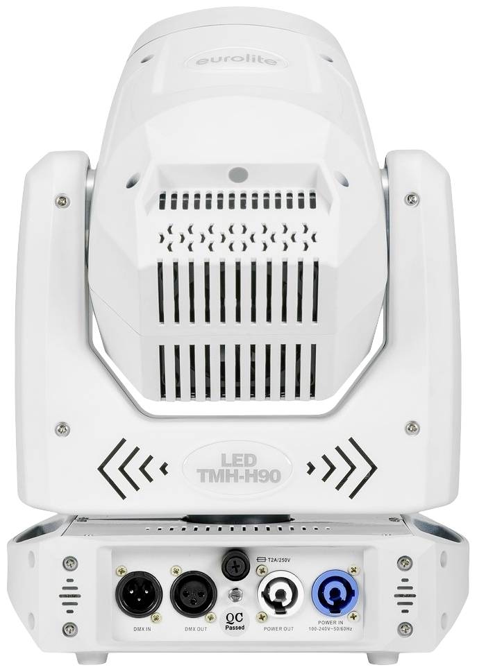 Biela LED svetelná jednotka s viacerými konektormi na zadnej strane, vrátane XLR a sieťových napájacích vstupov.