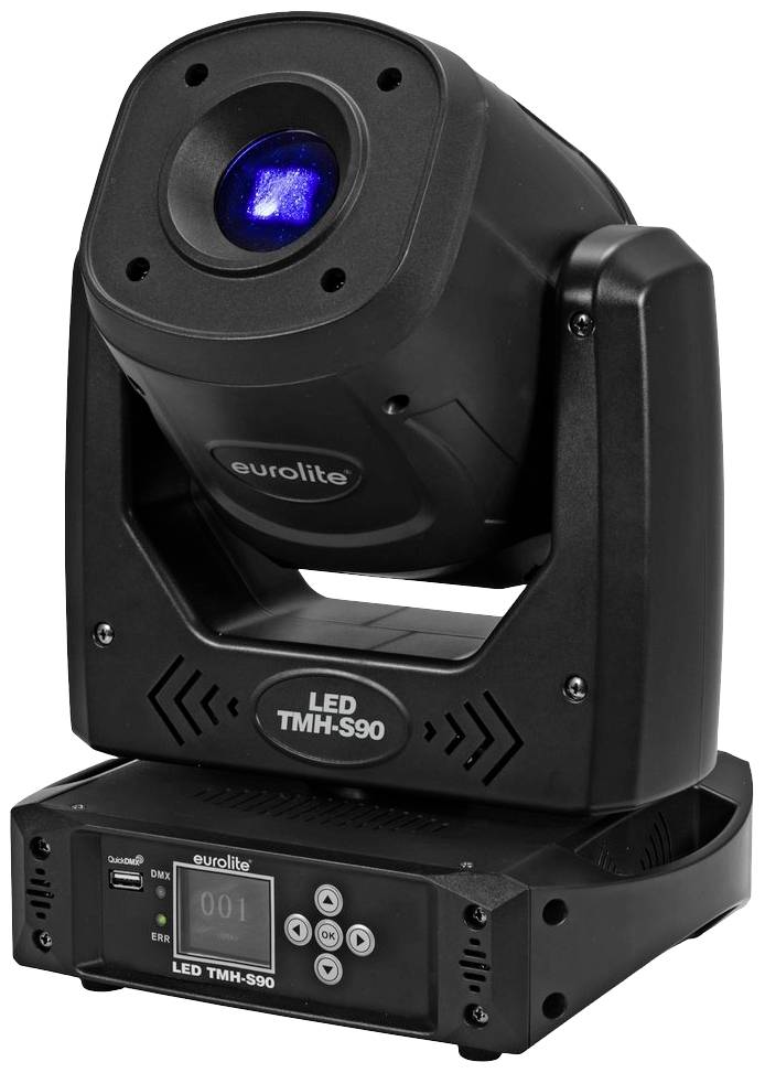 LED svetelné zariadenie s čiernym krytom. Nápis: 'Eurolite LED TMH-S90'. Zariadenie je navrhnuté pre javiskové osvetlenie.