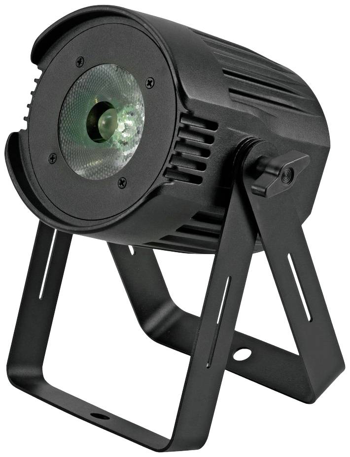 Čierny LED reflektor so zeleným svetlom na nastaviteľnom stojane. Ideálny pre javiskové osvetlenie alebo udalosti.