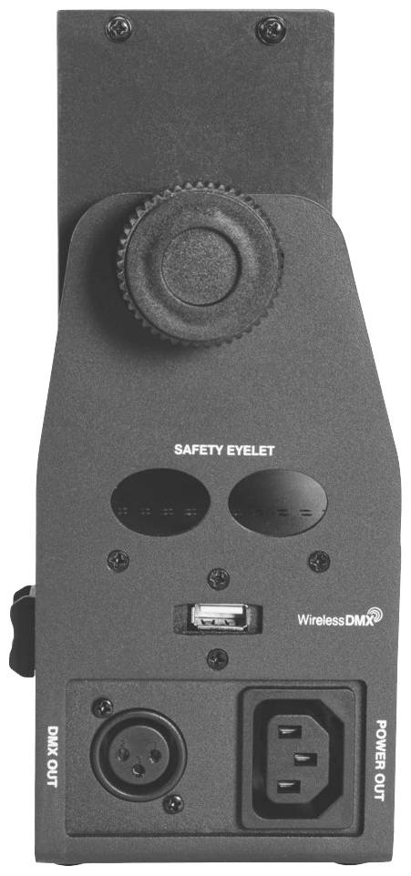Čierne zariadenie s viacerými konektormi: DMX vstup a výstup, napájací výstup a USB port. Zhora je pripevnený bezpečnostný krúžok.