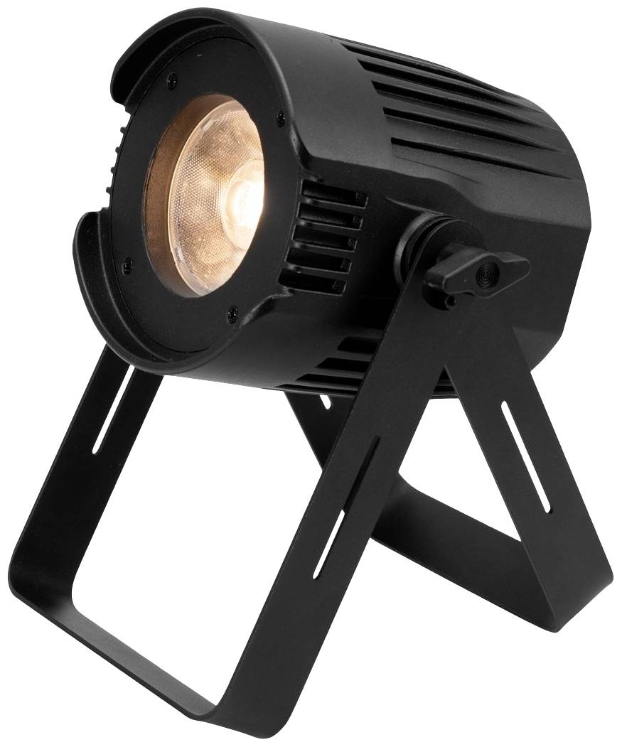 Čierny LED reflektor s okrúhlym krytom a nastaviteľným statívom, ktorý svieti teplým bielym svetlom.