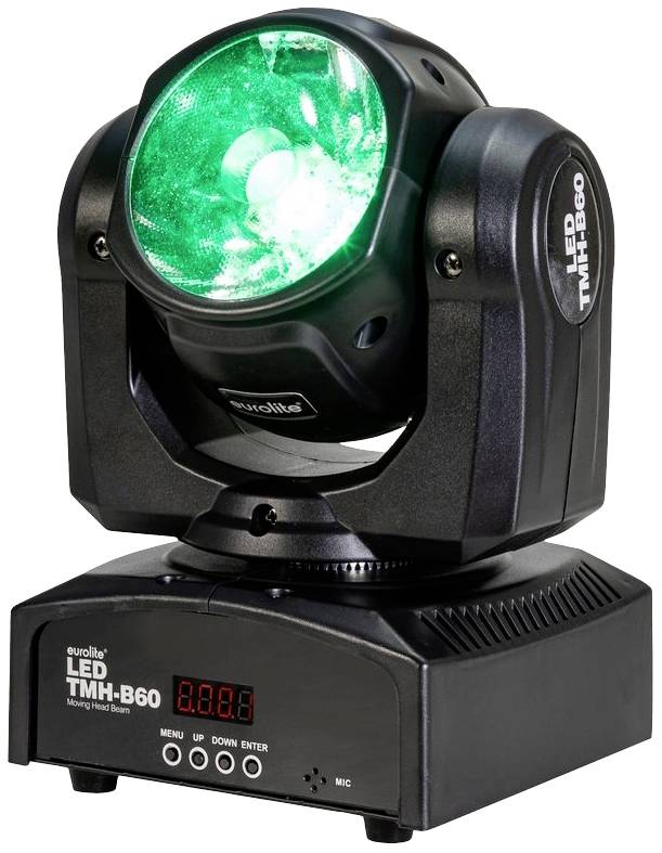 LED divadelný reflektor so zeleným svetlom, označený nápisom 'eurolite LED TMH-B60', zobrazujúci displej a ovládacie tlačidlá.