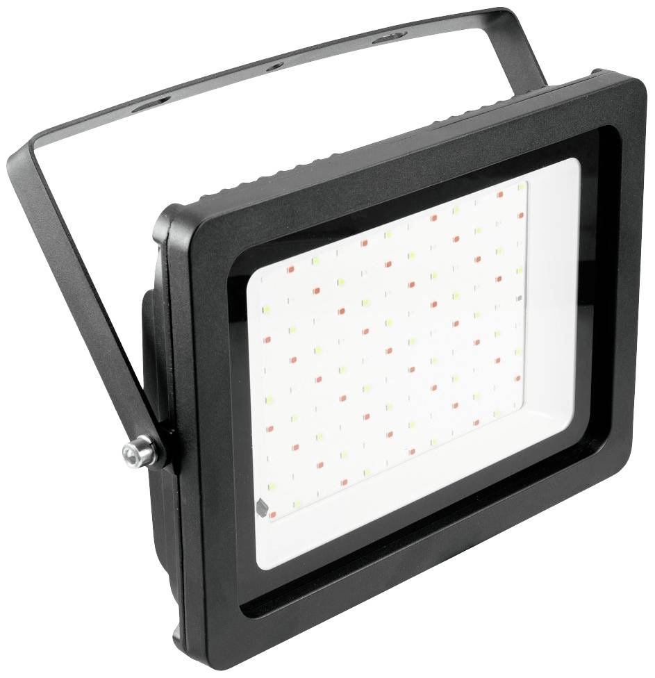 LED reflektor s čiernym krytom a nastaviteľným montážnym ramenom. Na prednej strane je mriežka pozostávajúca z červených a zelených LED diód.