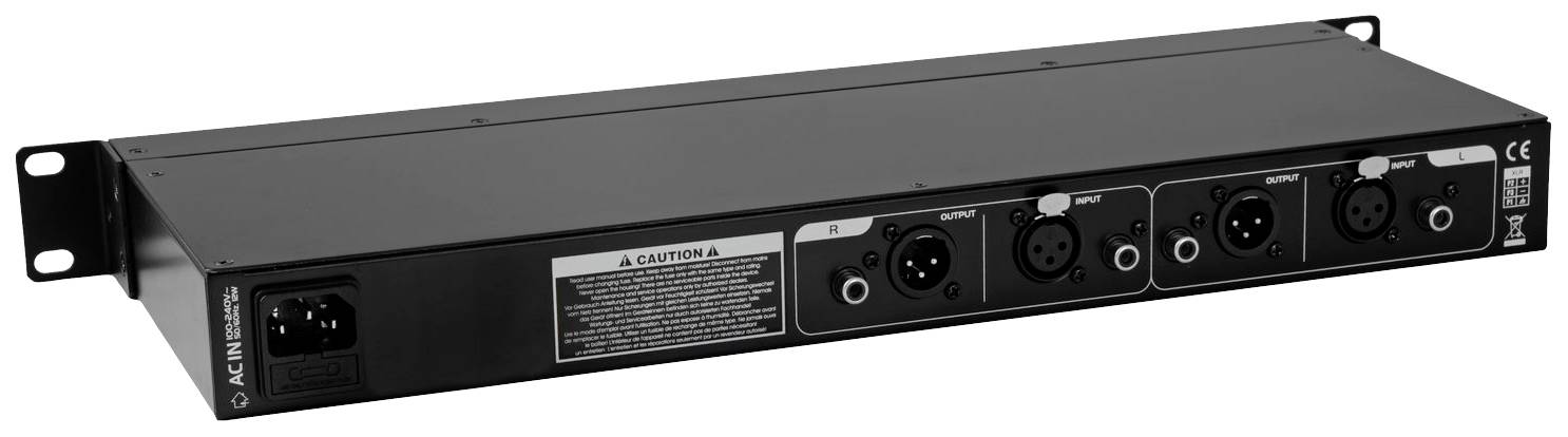 Čierny audio rack mixér s viacerými XLR a napájacími konektormi, vhodný pre profesionálne audio inštalácie v štúdiu.