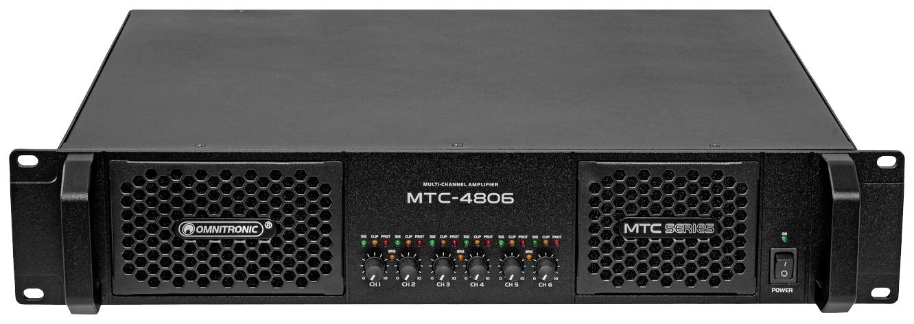 'Omnitronic MTC-4806' viackanálový zosilňovač, pohľad spredu s displejom a sieťovým spínačom.