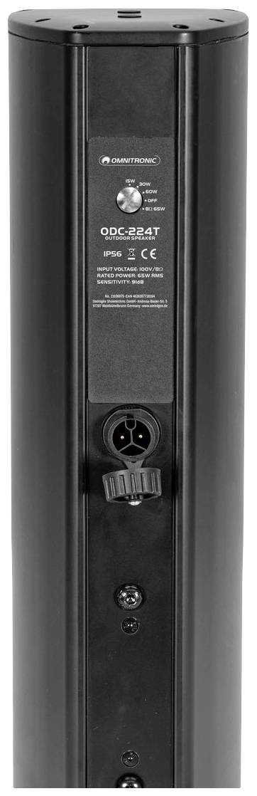Čierny reproduktor Omnitronic, model QSC-224T, s pripojovacími zásuvkami a logom spoločnosti na prednej strane.