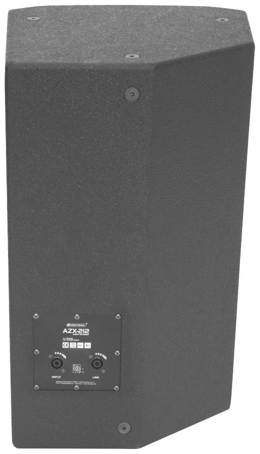 Čierny reproduktor v šesťuholníkovom tvare, model 'AZX-212', so zástrčkovými prípojkami a ovládacími prvkami na zadnej strane.