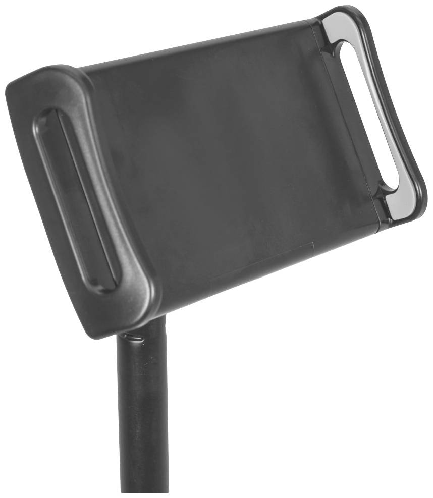 Čierny držiak s dvoma rukoväťami, namontovaný na tyči. Mohol by slúžiť ako stojan pre zariadenie, napríklad tablet.