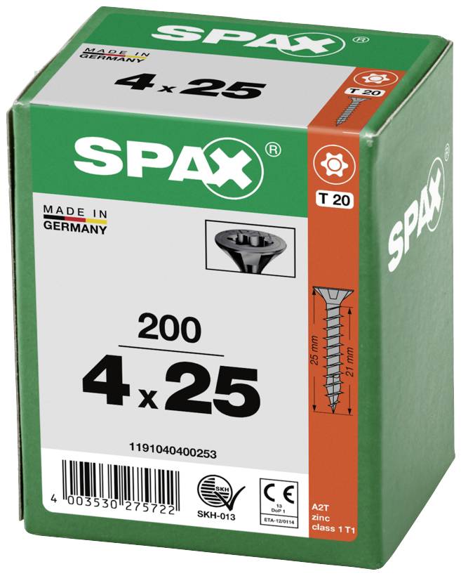 Škatuľa skrutiek SPAX: '200 4x25'. Obsahuje krížové a T-skrutky vrátane rozmerov. Pôvod: Nemecko.
