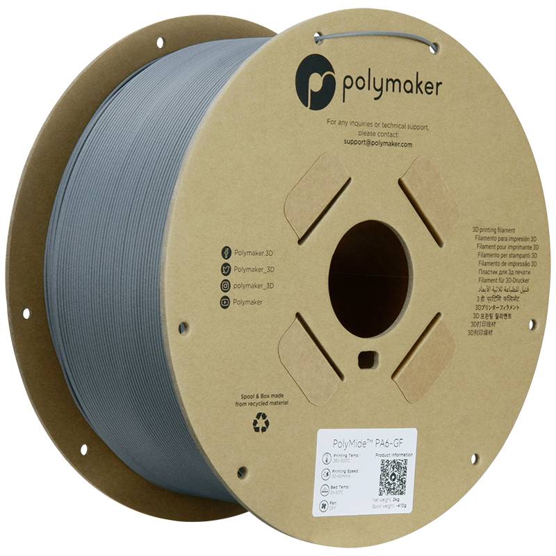 Rolka sivého 3D tlačového filamentu značky Polymaker, model PolyMide PA6-GF, vyrobená z recyklovaného kartónu, vhodná pre technické 3D tlačenie.