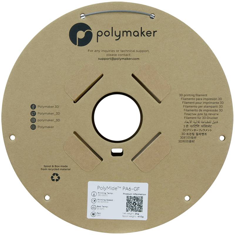 Guľatá cievka s hnedým kartónovým štítkom. Text hore: 'Polymaker', kontakt: support@polymaker.com. Dole: informácie o produkte 'PolyMide PA6-GF'.