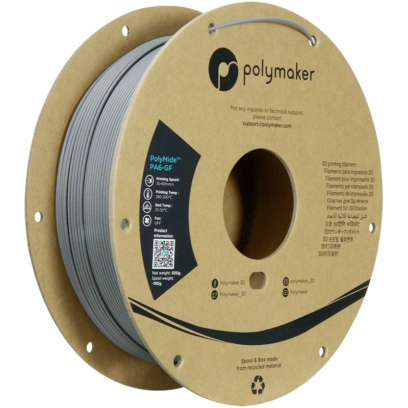 Špulka PolyMide PA6-GF 3D tlačového materiálu od značky Polymaker, sivá, s recyklovateľnou špulkou a kartónovým jadrom, 500g.