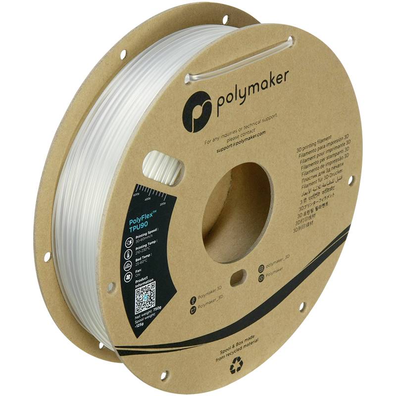 Rolka filamentu PolyFlex-TPU90 od spoločnosti Polymaker, vhodná pre 3D tlač, v recyklovateľnom obale s QR kódom pre ďalšie informácie.