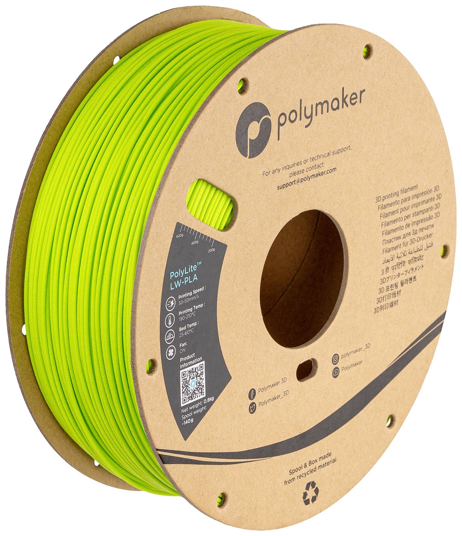 Rolka 3D tlačového filamentu od spoločnosti Polymaker v svietiacej zelenej farbe, označená ako 'PolyLite LW-PLA'.
