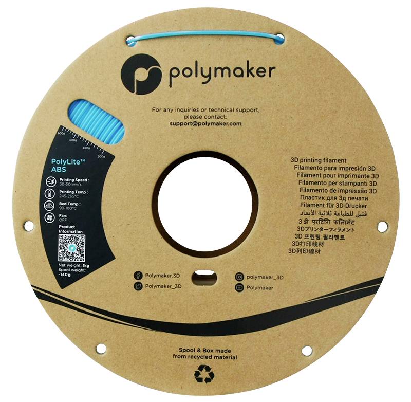 Guľatý kartónový valec s modrým 3D tlačovým filamentom značky 'Polymaker' a viacjazyčnými informáciami o produkte na prednej strane.