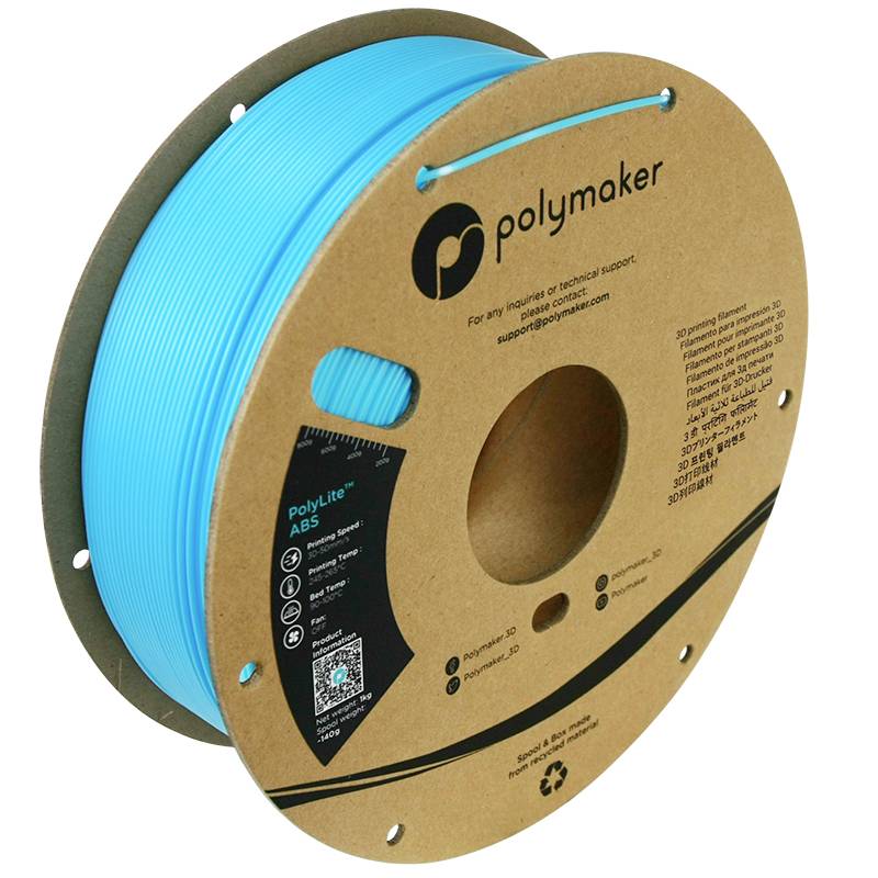 Cievka s modrým 3D tlačiarenským filamentom od spoločnosti Polymaker, vyrobená špeciálne z ABS materiálu, vhodná pre technické aplikácie a 3D tlač.