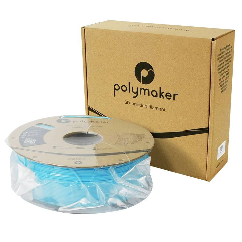 Cievka tyrkysového 3D tlačového filamentu od spoločnosti Polymaker, zabalená v hnedej kartónovej krabici s logom firmy.
