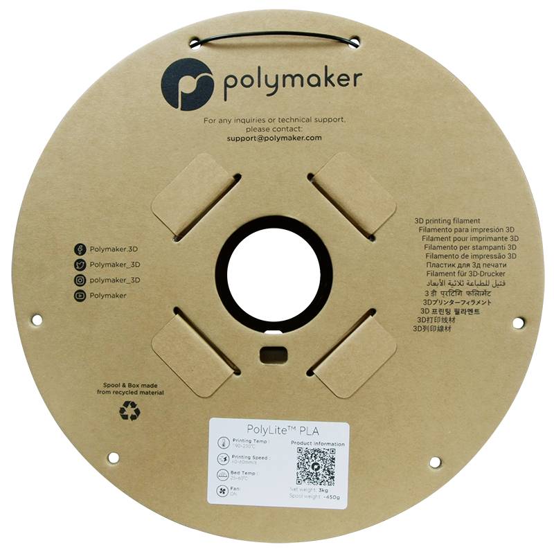Rolka z recyklovaného kartónu s nápisom 'Polymaker', obsahujúca 3D tlačové filamento z PLA, kontaktné údaje a sociálne médiá.