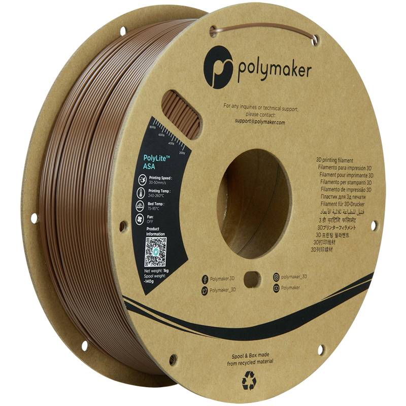 Cievka s 3D tlačovým filamentom PolyLite ASA od spoločnosti Polymaker v hnedej farbe. Etiketa s kontaktnými informáciami a technickými údajmi.