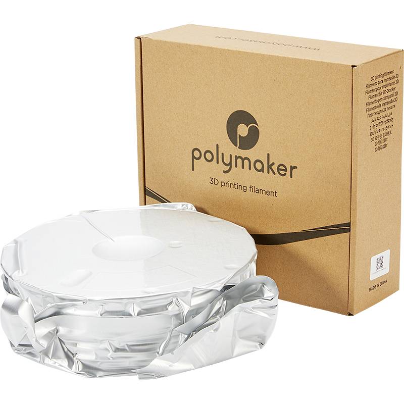 Hnedý obal od spoločnosti Polymaker s nápisom „3D tlačový filament" vedľa kotúča so striebornou ochrannou fóliou.