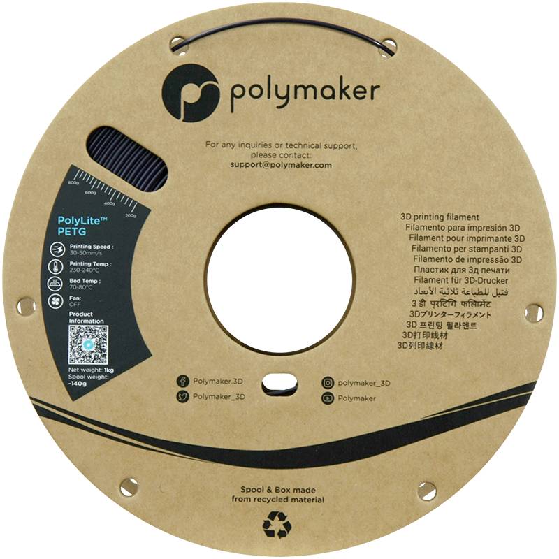 Cievka filamentu 'Polymaker' vyrobená z recyklovaného materiálu s kontaktnými informáciami a viacjazyčným popisom produktu.