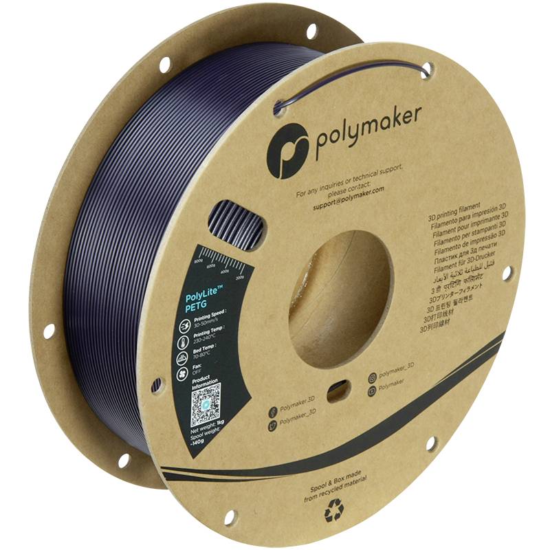 Cievka s tmavým 3D tlačiarenským filamentom PolyMaker PETG. Na cievke je text 'PolyLine PETG' a kontaktné informácie.