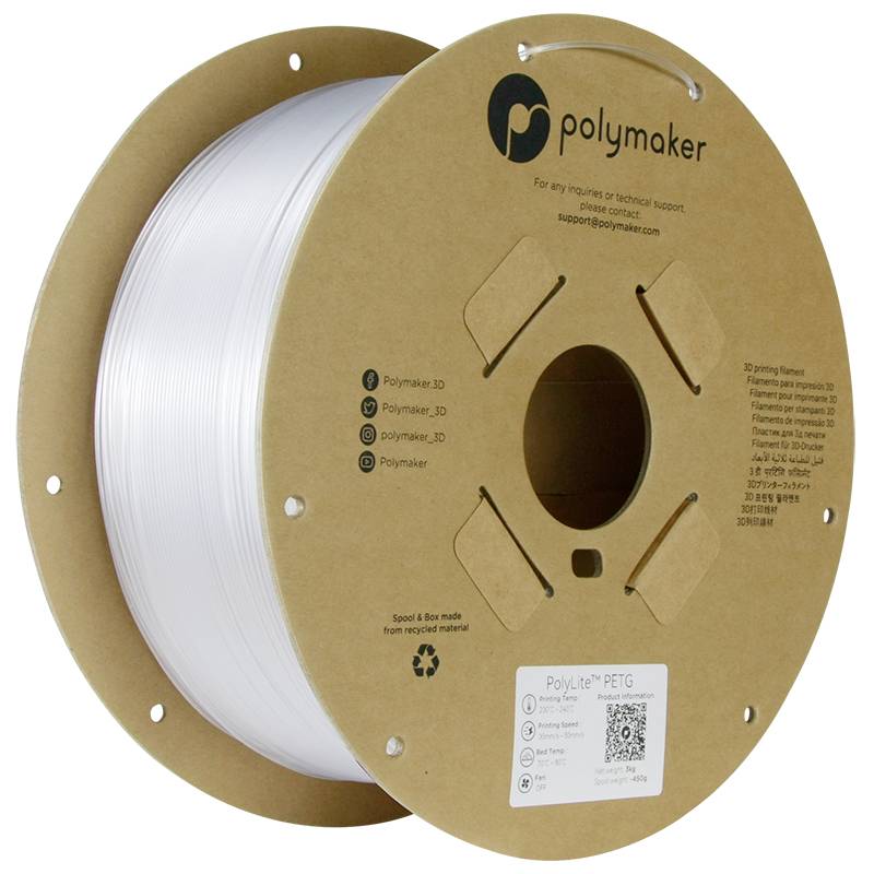 Cievka s priehľadným 3D tlačovým filamentom od spoločnosti Polymaker, materiál PETG.