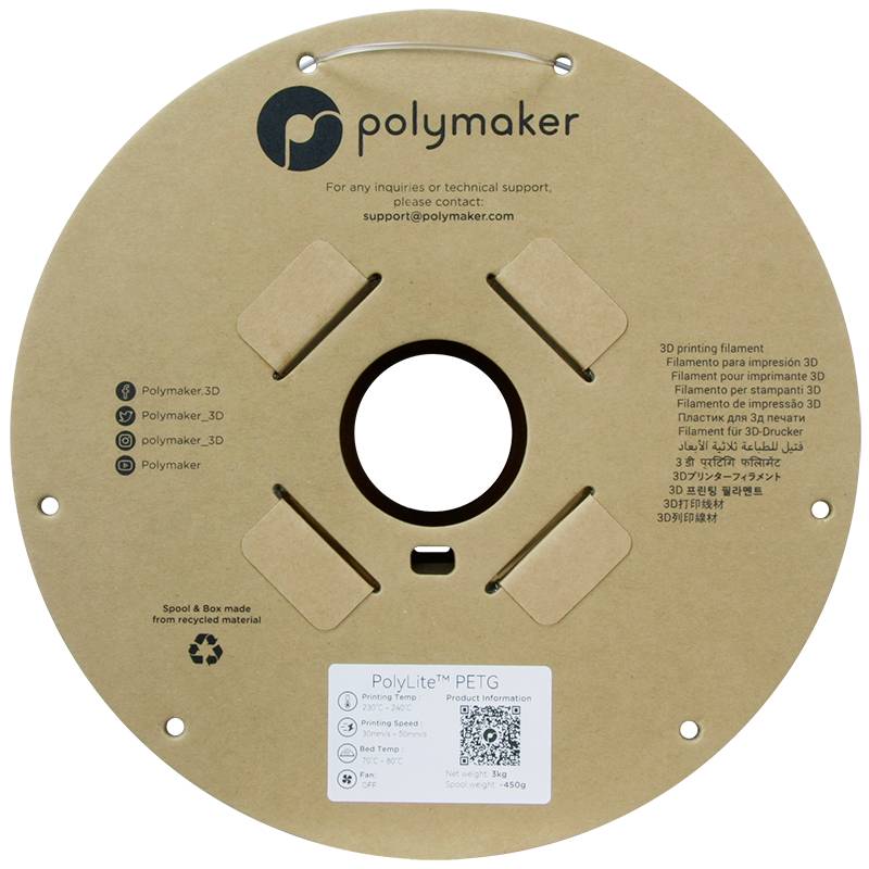 Cievka s 3D tlačovým filamentom od spoločnosti Polymaker. Etiketa zobrazuje 'PolyLite PETG' a obsahuje kontaktné informácie a poznámky o materiáli.