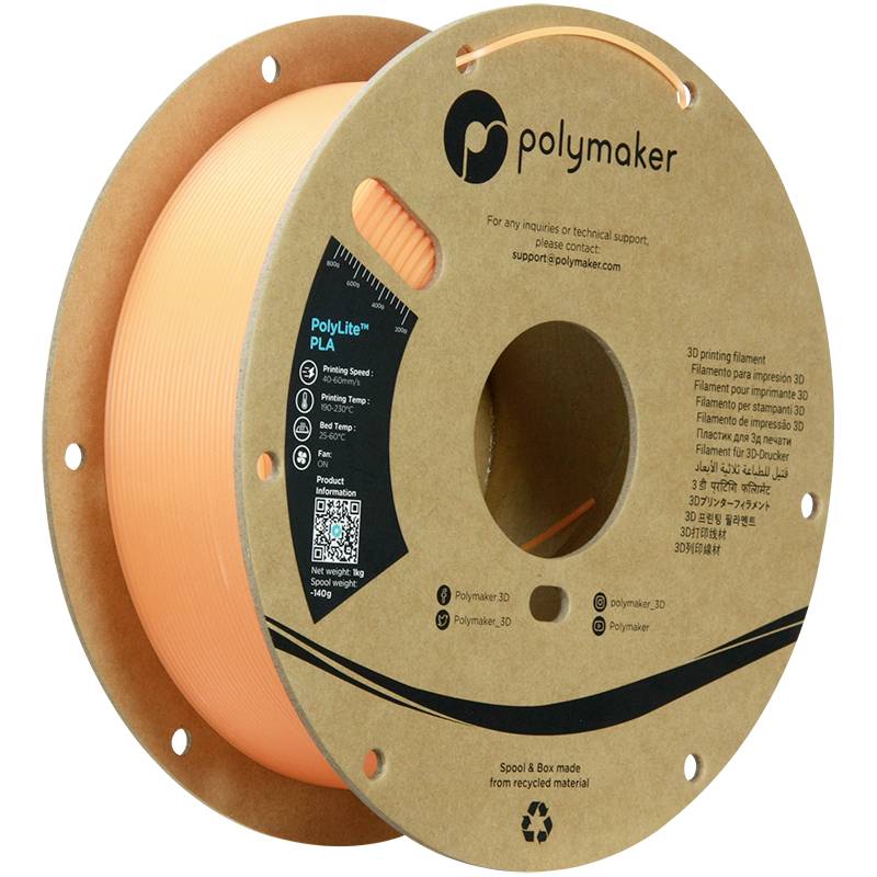 3D tlačiarenská náplň špulky od Polymakeru, oranžový PLA vláknitý materiál, kartónová špulka zobrazuje značku a technické informácie.