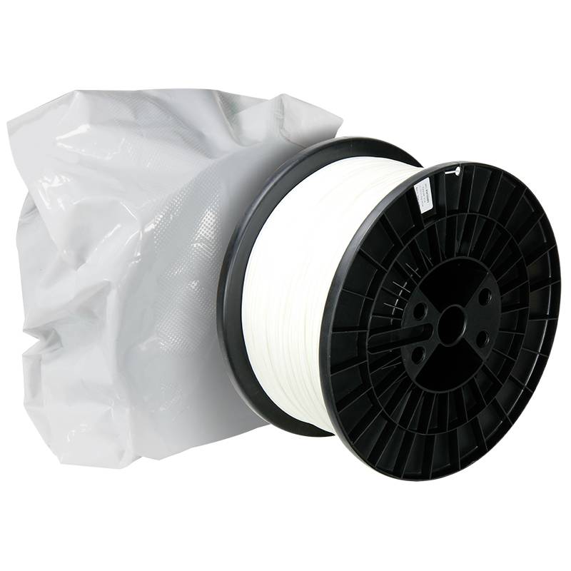Biela cievka filamentu pre 3D tlačiareň, čiastočne zabalená rolka.