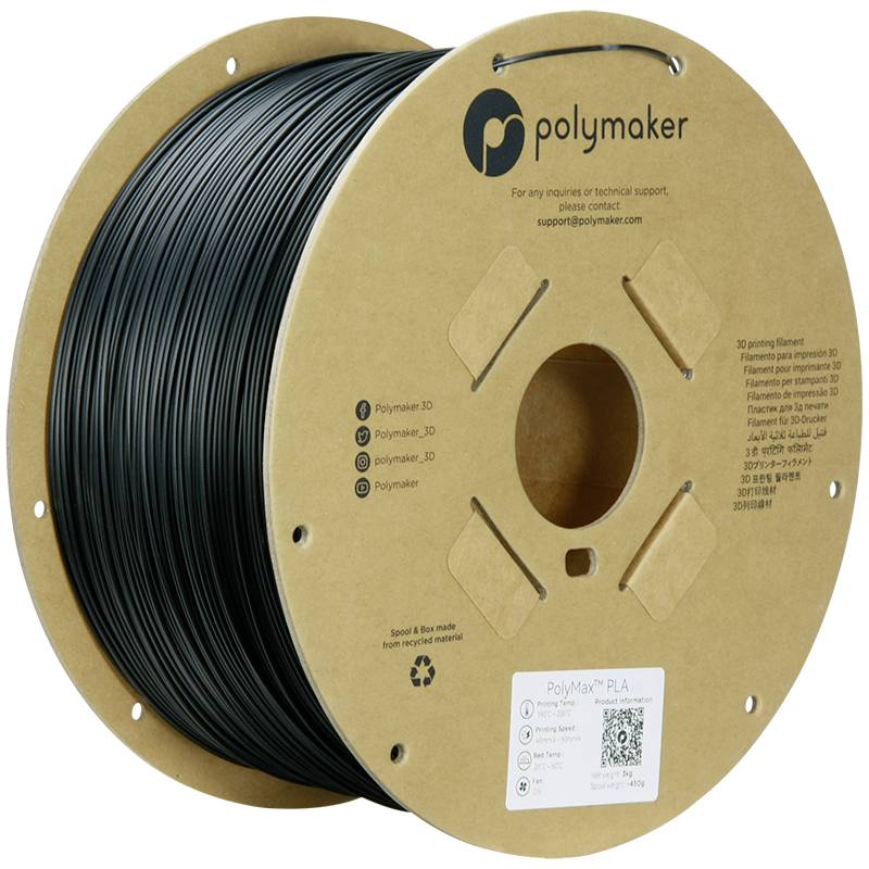 3D tlačiarenský filament od spoločnosti Polymaker na cievke z kartónu, produktový názov 'PolyMax PLA', recyklovateľný.