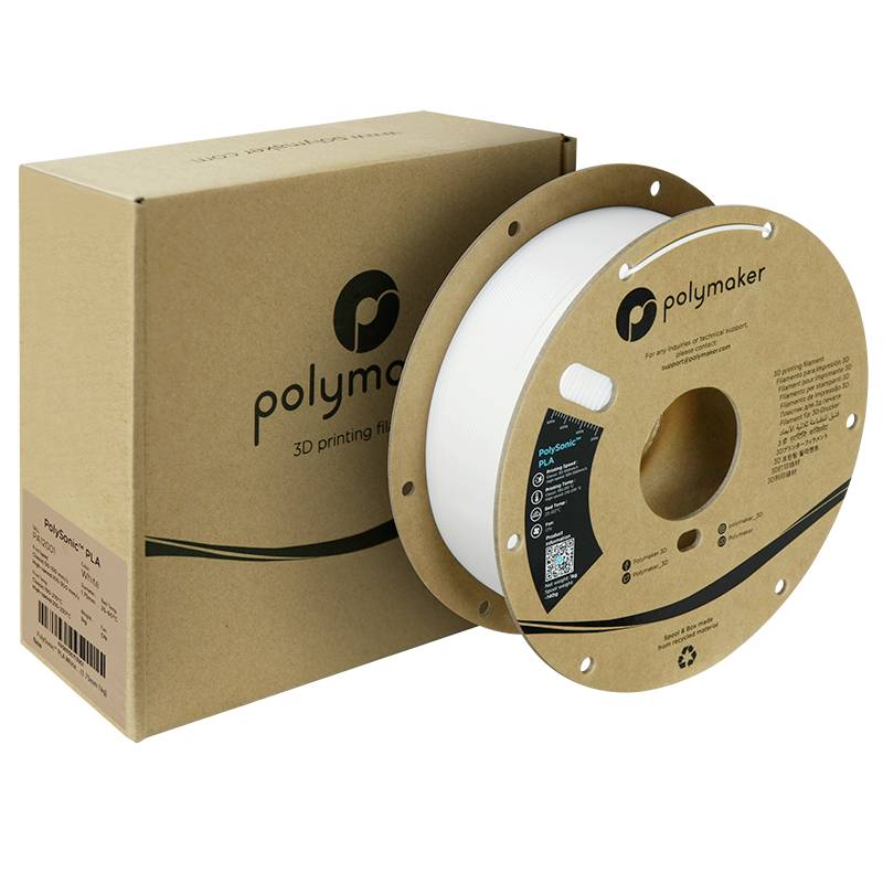 Biela rolka 3D tlačového filamentu vedľa hnedého obalu s nápisom "Polymaker 3D Printing Filament".