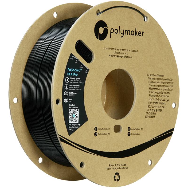 3D tlačiarenská cievka filamentu od Polymakeru. Čierny PLA Pro filament, priemer 1,75 mm, na papierovej cievke. Obsahuje QR kód pre technickú podporu.