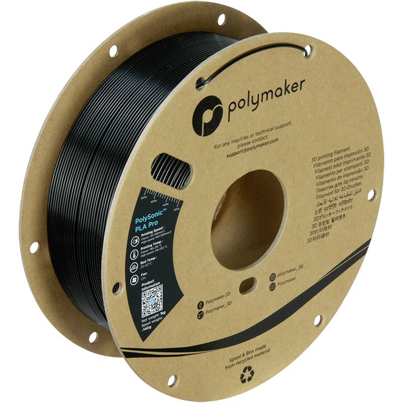 Kotúč čierneho PLA filamentu od spoločnosti Polymaker, vhodný pre 3D tlač. Na etikete sú technické informácie a QR kód.