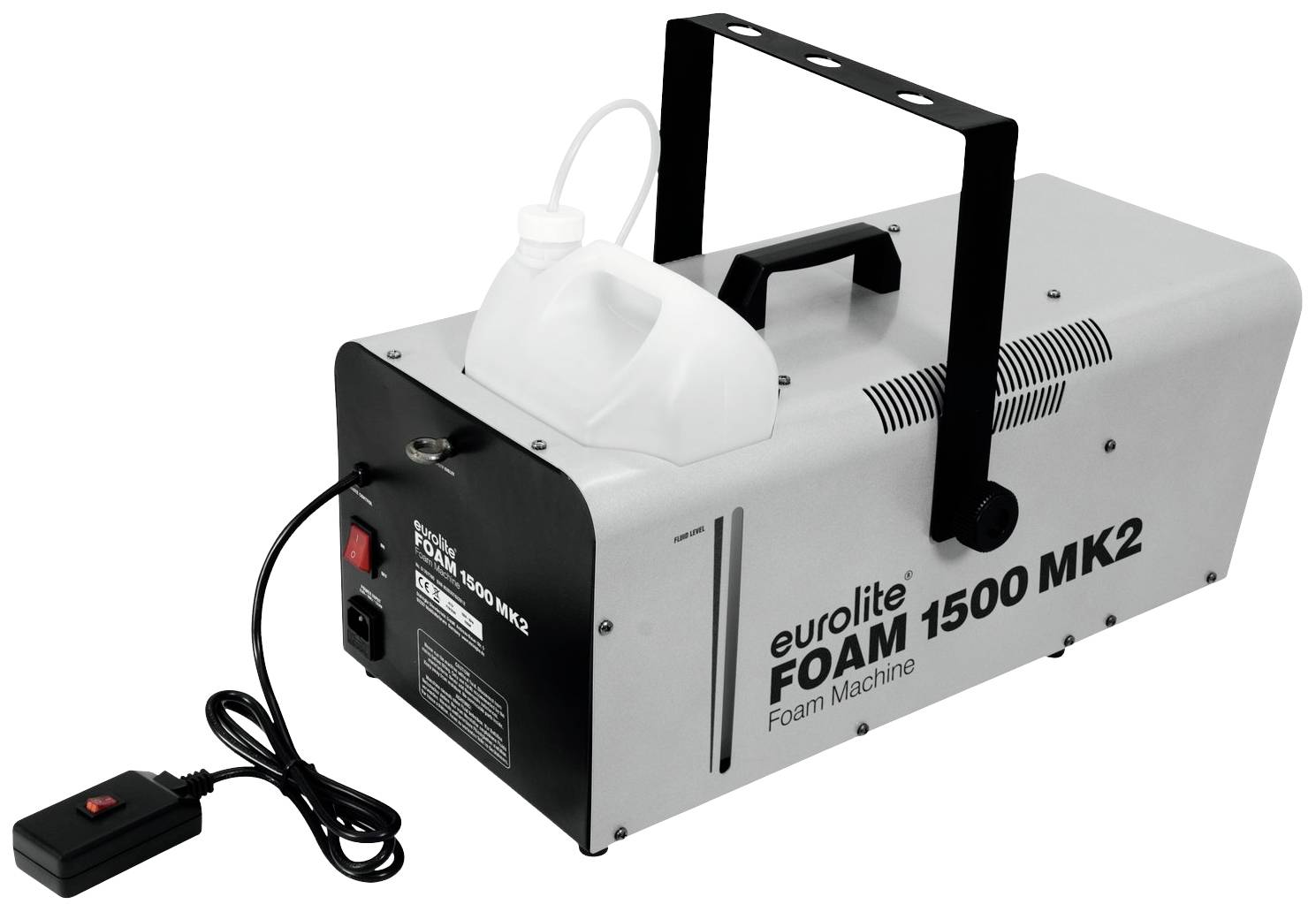 Pěnovací stroj s čiernou rukoväťou a diaľkovým ovládaním, označený ako 'Eurolite FOAM 1500 MK2'.