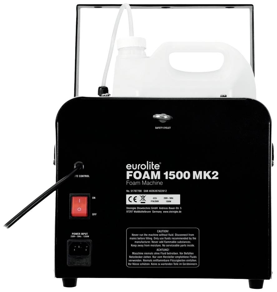 Čierna pena stroj s etiketou 'eurolite FOAM 1500 MK2', fľašou tekutiny hore a vypínačom vpredu.