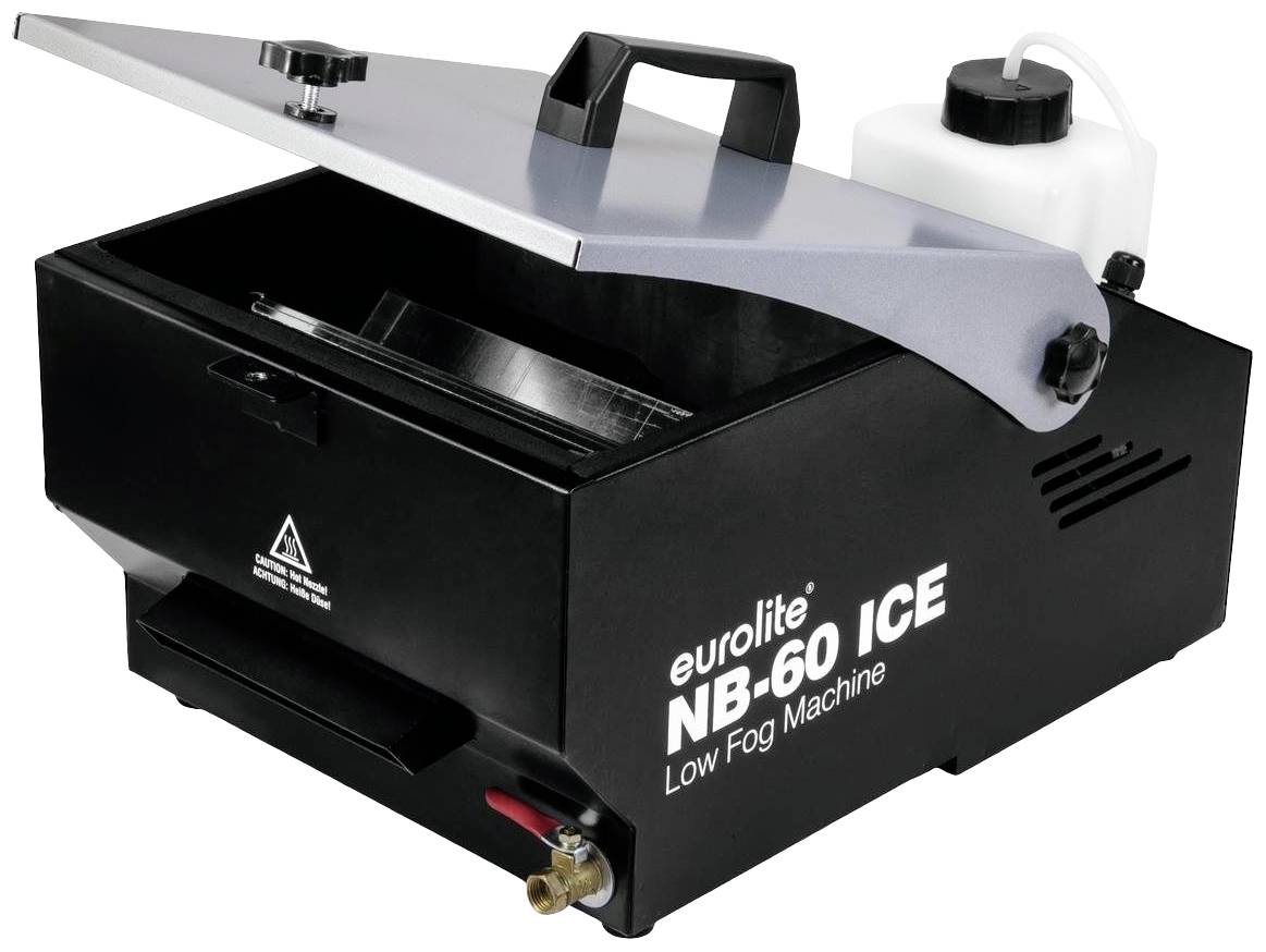 Hmlovacia stroj 'eurolite NB-60 ICE' s otvorenou klapkou, ktorá odhaľuje jeho vnútorný priestor. Je čierny s bielym textom a má rukoväť na vrchu.