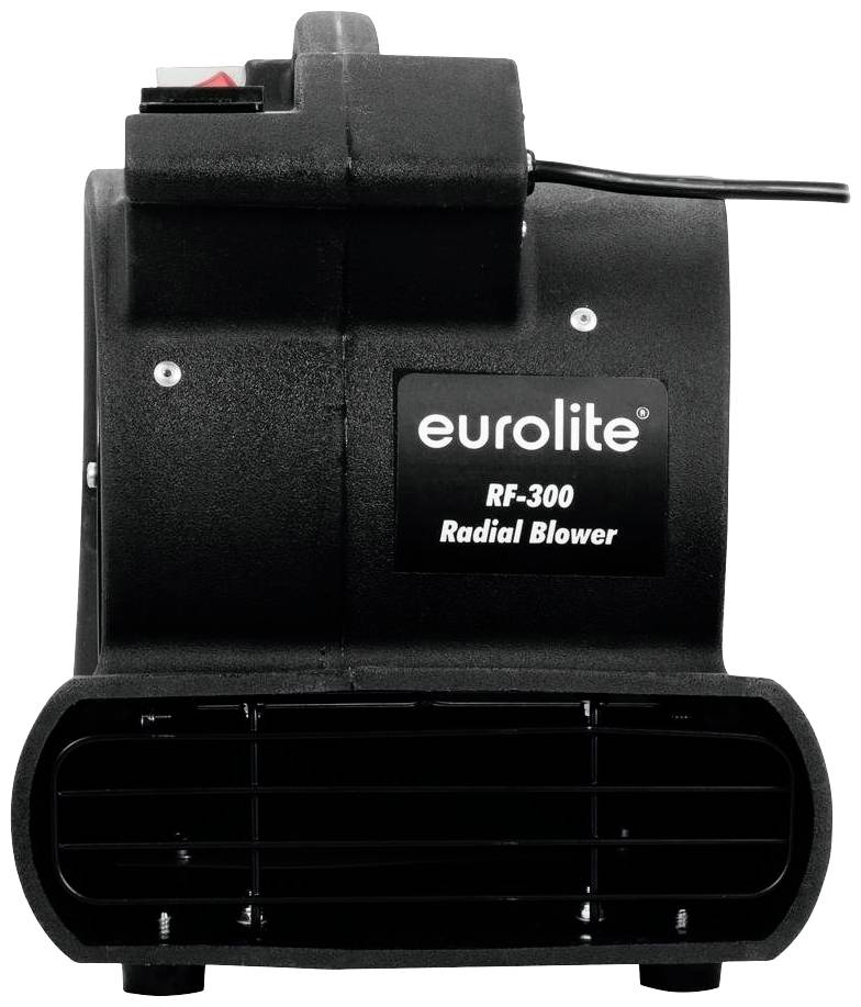 Čierny Eurolite RF-300 radiálny ventilátor, zobrazený spredu.