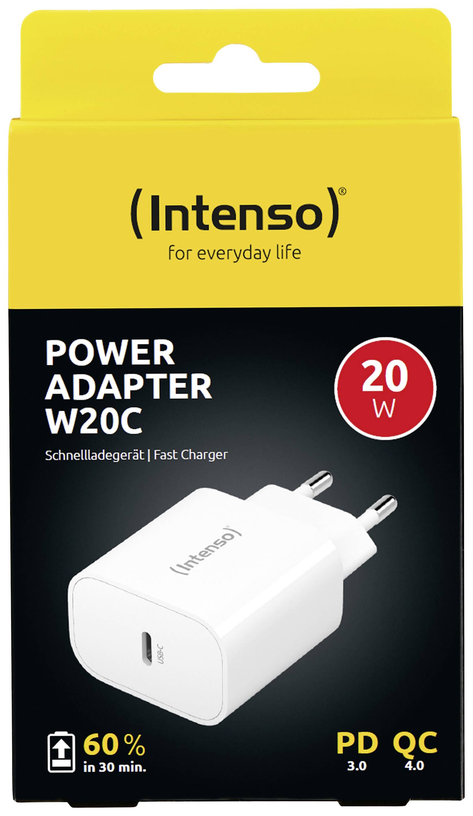 Obal nabíjačky 'Intenso Power Adapter W20C', 20W, rýchlonabíjačka, PD 3.0, QC 4.0, zobrazuje bielu USB-C sieťovú nabíjačku.