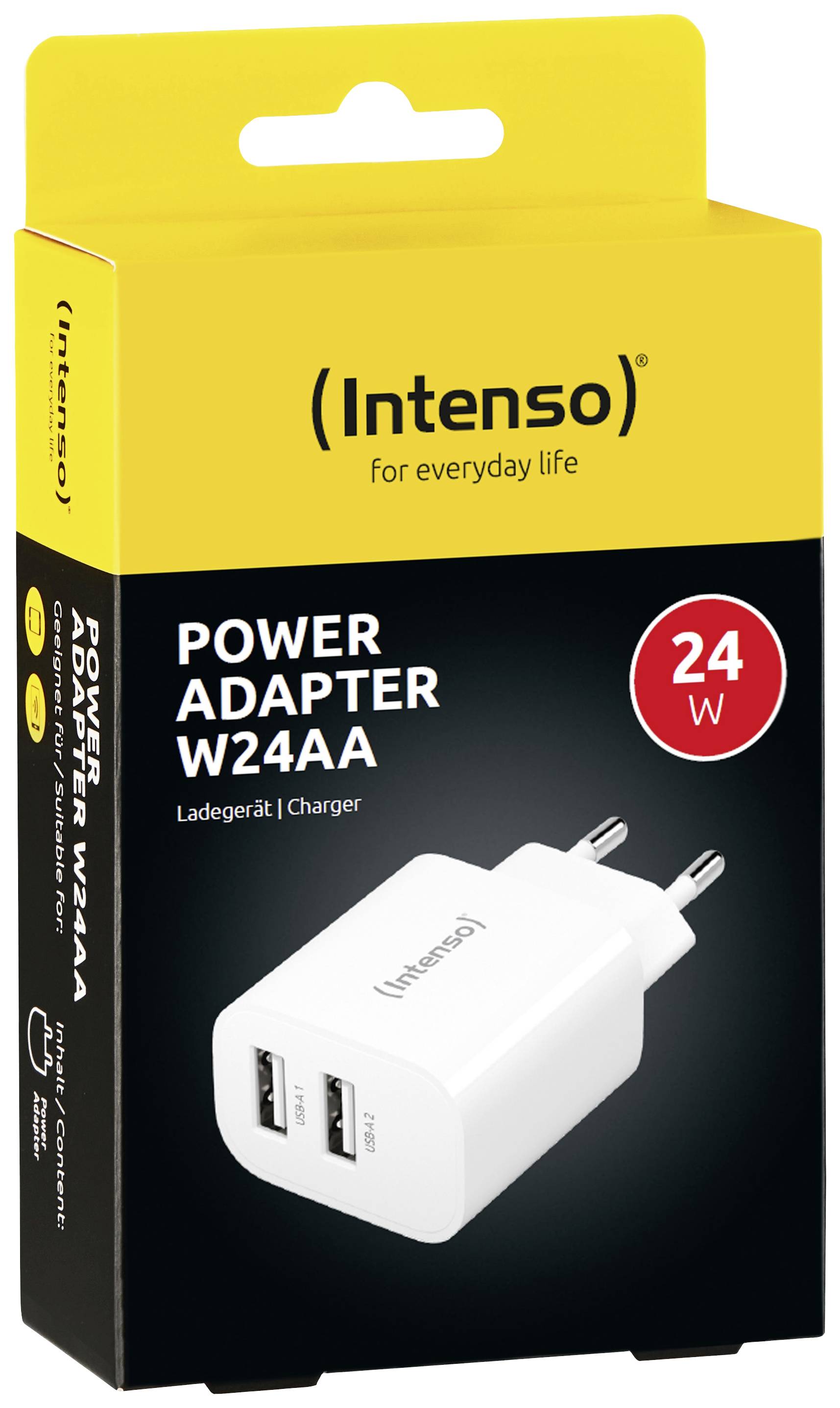 Intenso Napájací adaptér W24AA balenie s nabíjačkou. 24W výkon, dva USB porty. Obrázok produktu a logo značky.