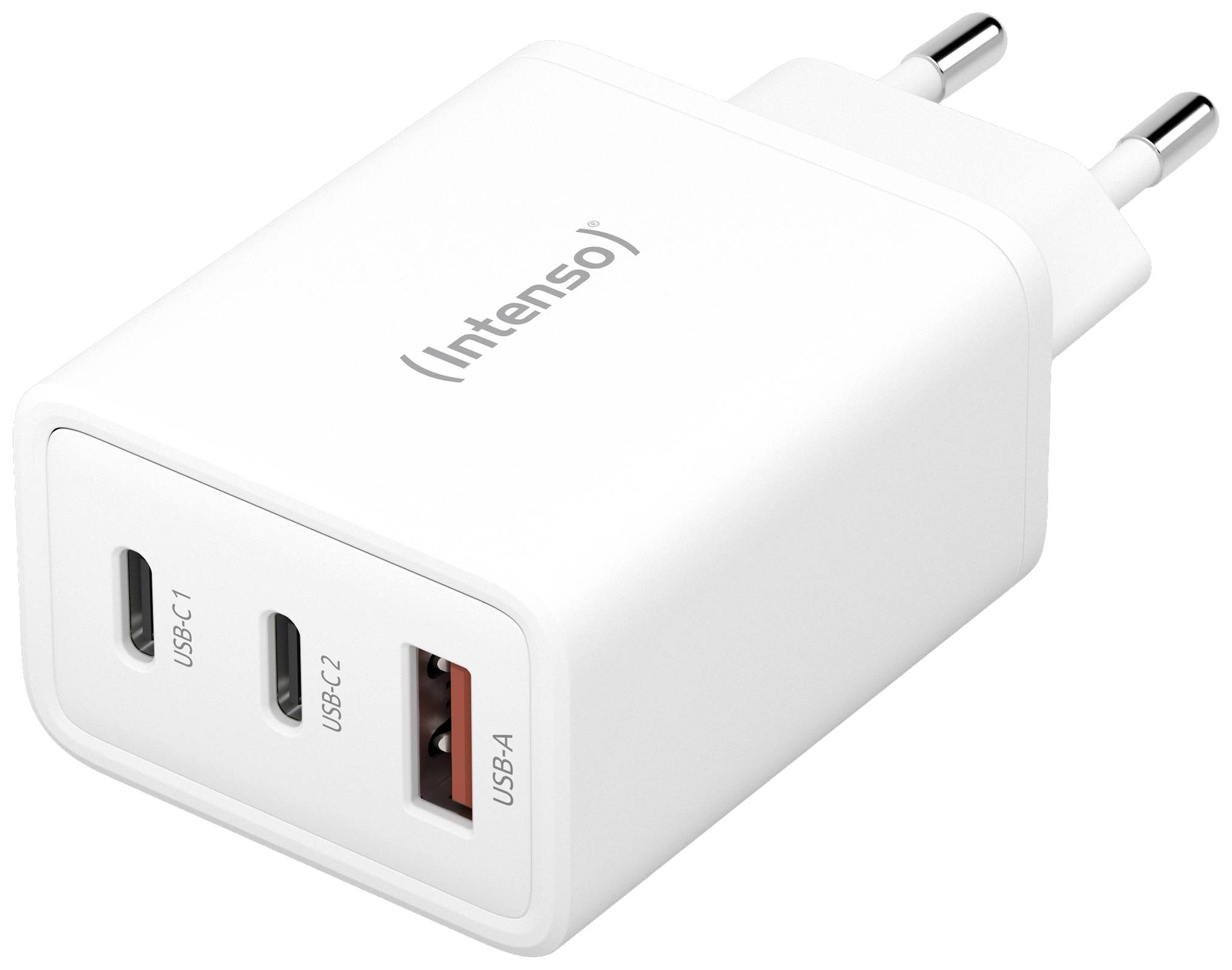 Biela nabíjačka s dvoma USB-C portami a jedným USB-A portom. Názov značky 'Intenso' je umiestnený na hornej strane.