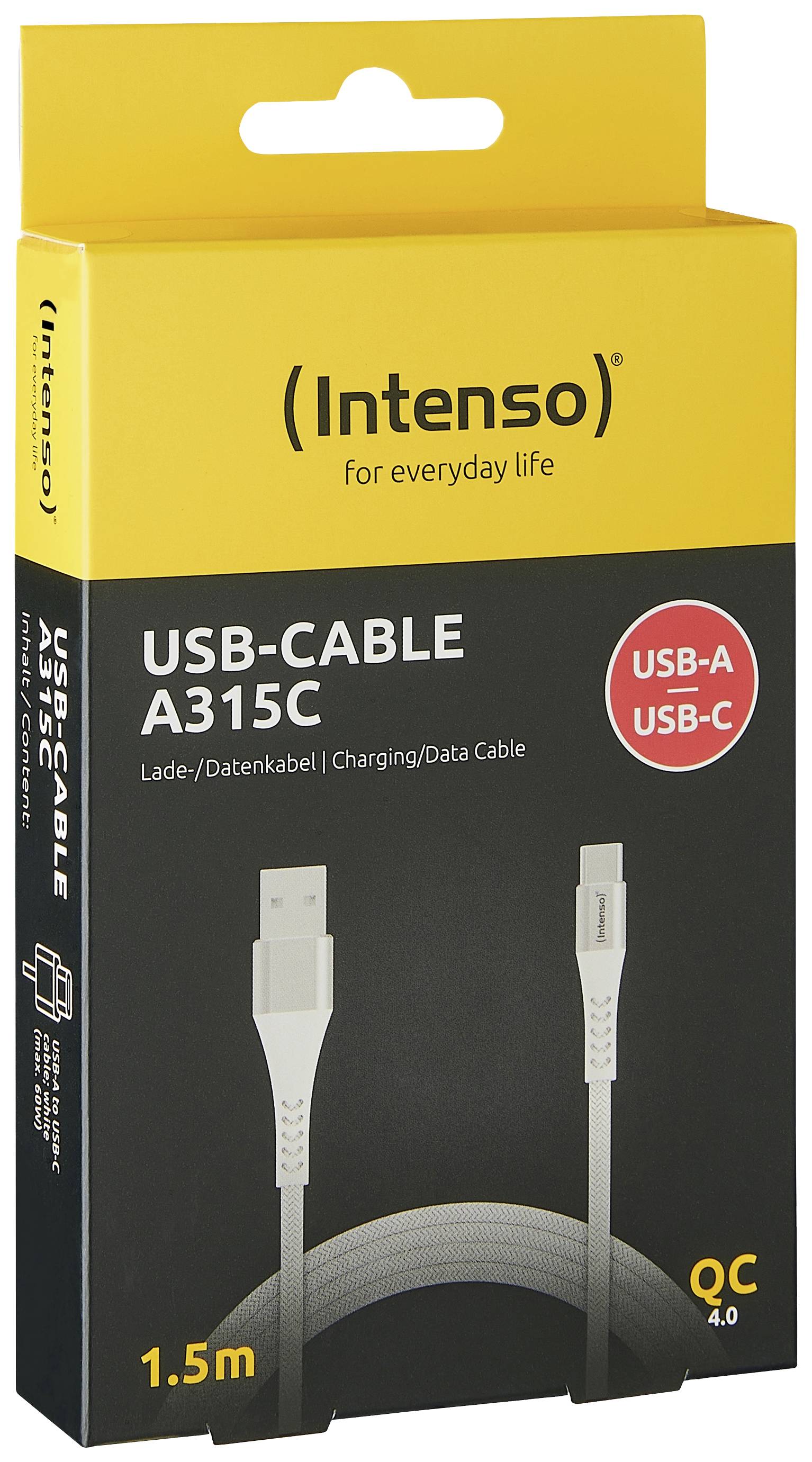 Balenie USB kábla značky Intenso, model A315C, s dĺžkou 1,5 m. Konektory: USB-A na USB-C. Nabíjací a dátový kábel v žlto-čiernej škatuli.