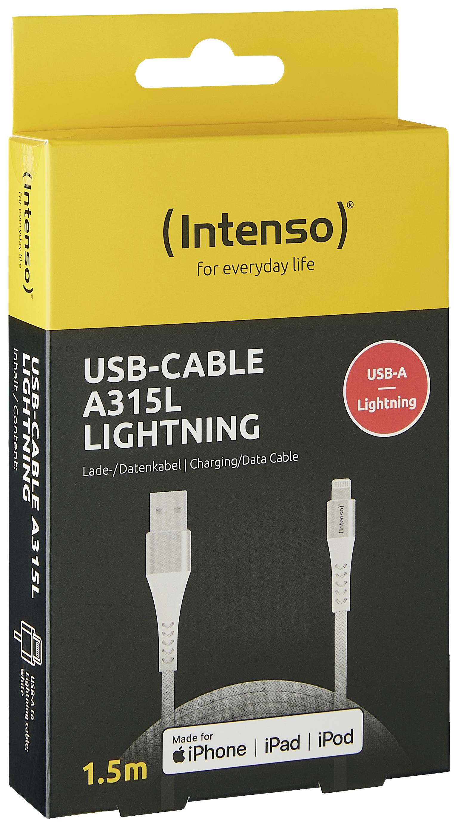 USB kábel A315L Lightning od Intenso v žltom balení. Kompatibilný s iPhone, iPad, iPod. Dĺžka 1,5 m. USB-A na Lightning.