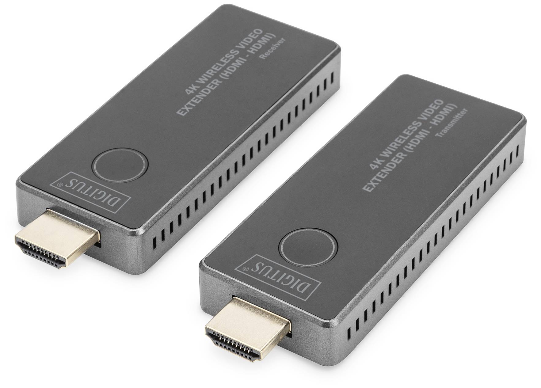 Dva bezdrôtové HDMI adaptéry od Digitusu pre bezdrôtový prenos 4K videa. Oba adaptéry majú HDMI konektory a štíhly, čierny dizajn.