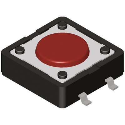 Elektronický tlačidlový spínač v červenej farbe na čiernom kryte, obdĺžnikového tvaru, s dvoma bočnými kontaktnými prípojkami.
