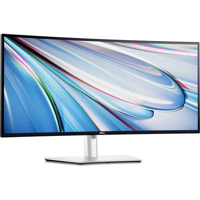 Široký monitor Dell s abstraktným modrým a bielym vzorom pozadia, ktorý pôsobí moderne a elegantne.